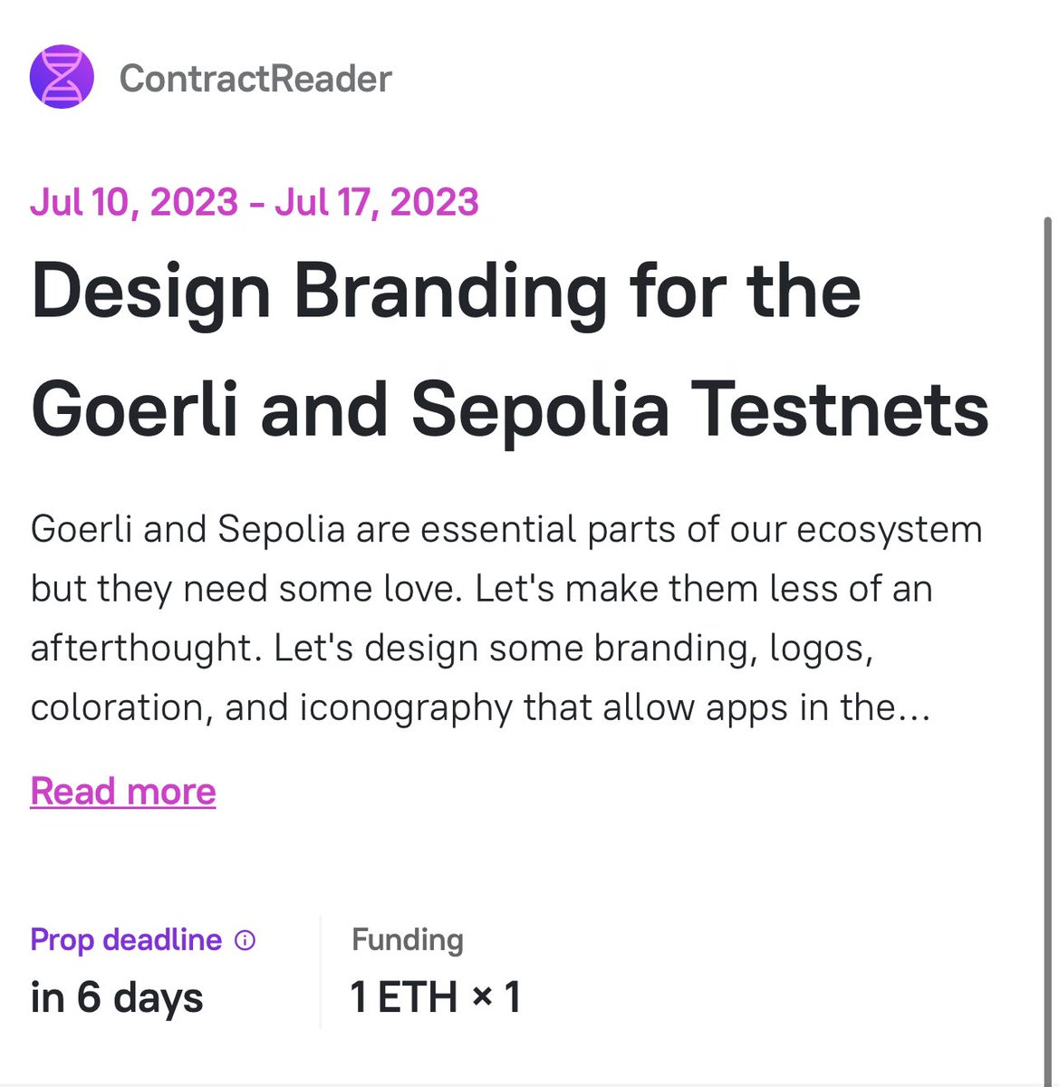 📣 Calling All Designers

I’m personally giving away 1 ETH through <a href="/nounsprophouse/">Prop House</a> if you design awesome, unique, CC0 brands for the Goerli and Sepolia testnets!

Our testnets need lives and brands of their own

Anyone can use this work, I’m just funding it

(Links in next tweet)