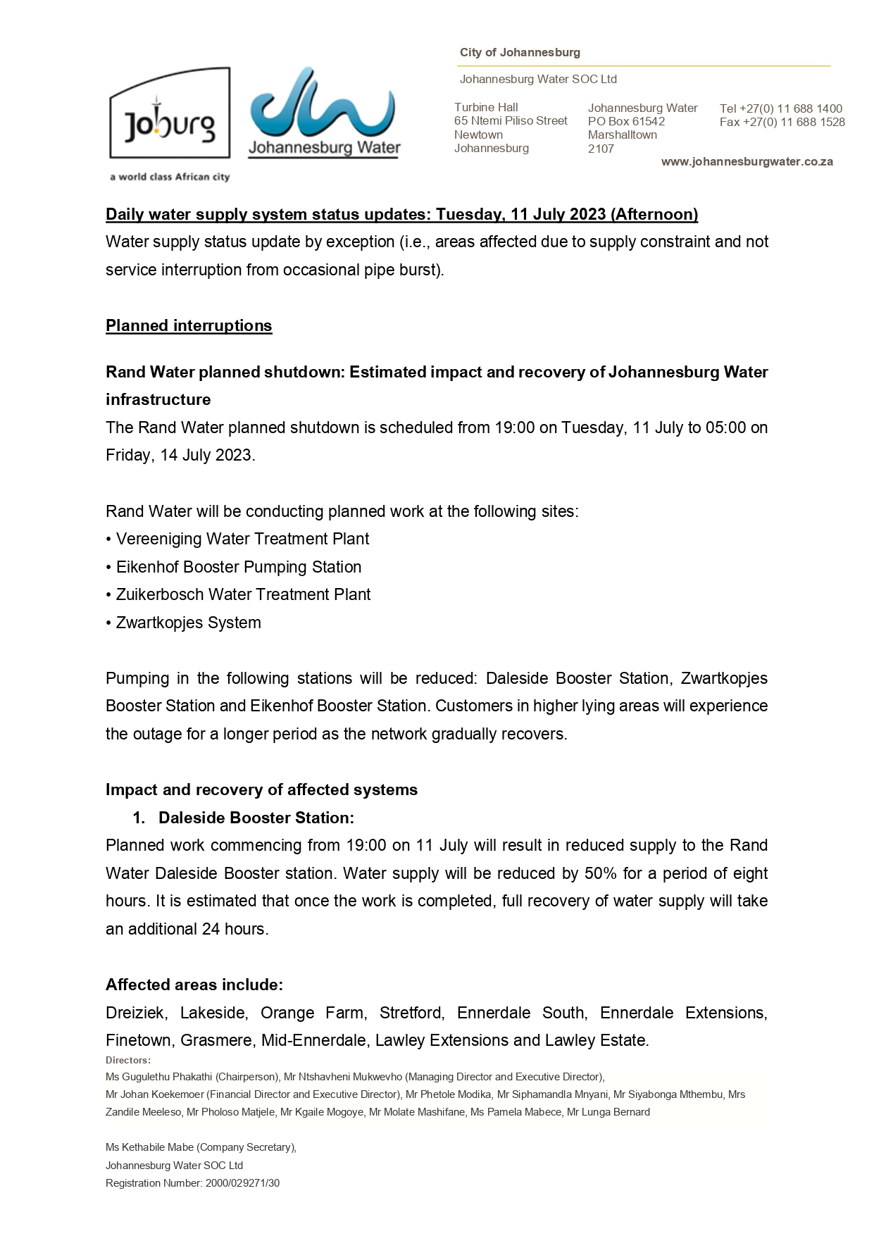 Johannesburg Water on X: &ldquo;(1 of 2) #JoburgUpdates Daily water 