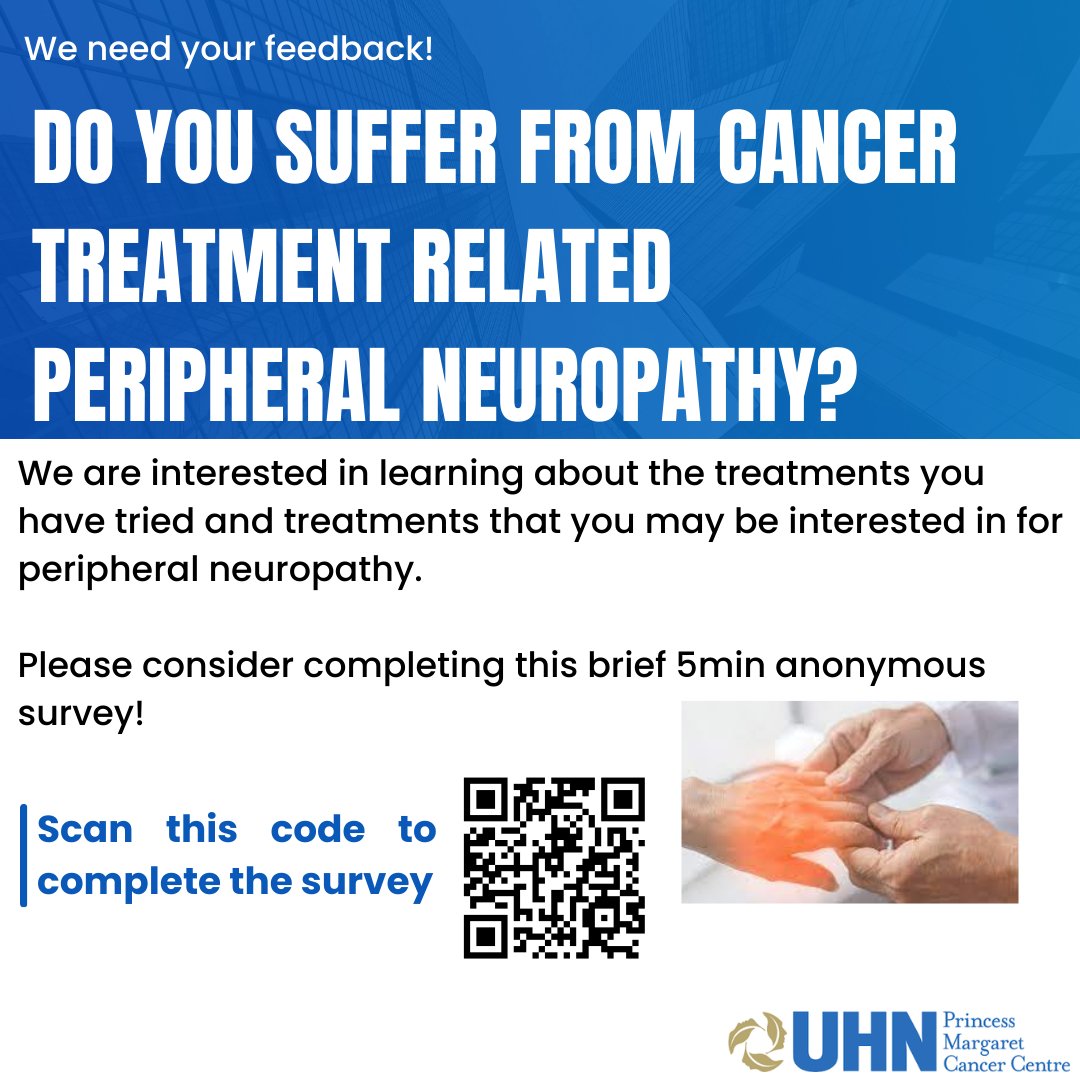 Do you have cancer treatment-related peripheral neuropathy? We need YOUR voice. 📣 
We are conducting a short survey on the treatments cancer survivors have tried for peripheral neuropathy &amp; treatment preferences. redcap.link/peripheralneur…

#SurvOnc #PeripheralNeuropathy #Oncology