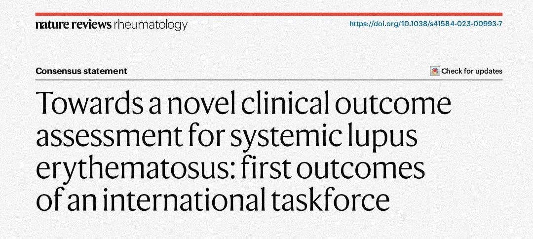 ✅ Latest paper out in @NatRevRheumatol under the amazing lead of @EricFMorand for the TRM-SLE Consortium ➡️ Towards a novel clinical #outcome assessment for systemic #Lupus erythematosus: first outcomes of an international #taskforce 📩 Download at: rdcu.be/dgAB9