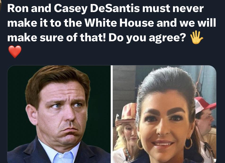 TonyHussein4's tweet photo. Florida Governor Ron DeSantis and Casey DeSantis must never make it to the White House. Governor DeSantis banned books, banned abortions after six weeks of pregnancy, and is trying to erase Black history. He doesn't want people calling his wife Karen DeSantis. What say you? https://t.co/OBBfuTqRwZ