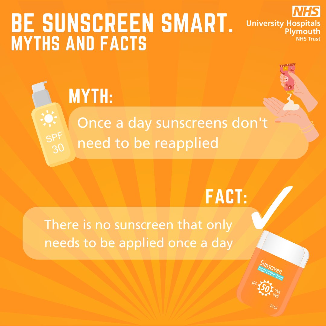 UHP_NHS's tweet photo. Be #SunscreenSmart this summer by knowing the facts.
Myth: Once a day sunscreens don’t need to be reapplied
Fact: There is no such thing as once a day sunscreen. Sunscreen should be applied every 2-3 hours to protect your skin from UV radiation. https://t.co/oaJA6dkoAh