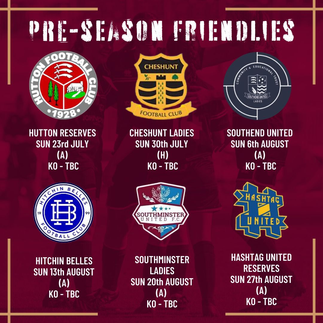 Here’s our schedule for pre season friendlies. Open training continues tomorrow so why not get in touch and see if you want to be part of the Clarets? @JohnFowlersLLP @Farewaytaxisltd @TradePriceCars_ @WF_East @OfficialClarets @CCWFCReserves