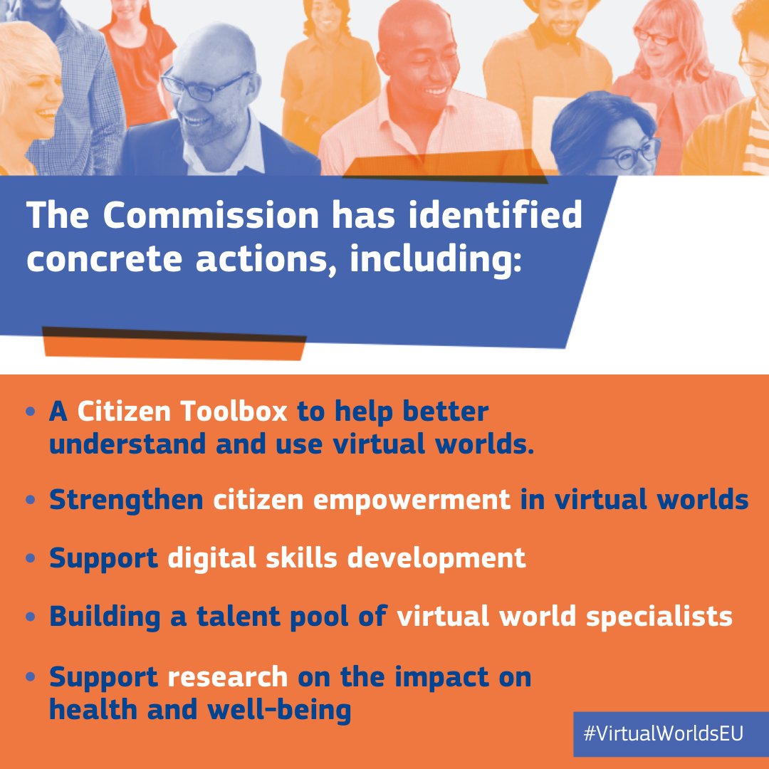 EU_Commission's tweet photo. Integrating digital and real worlds is no longer science fiction.

Early this year, 140 European citizens put forward 23 recommendations to guide the development of human-centric, secure and trusted virtual worlds.

See how they helped shape our new strategy on virtual worlds ↓