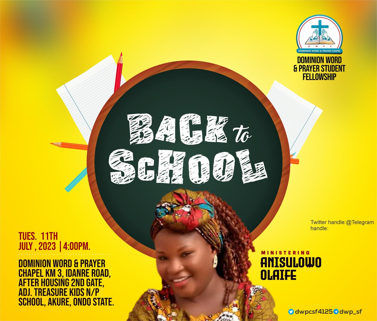 dwpcsf4125's tweet photo. Today's evening we will be hosting "Olaife Anisulowo", as we gain insight on wisdom nuggets for living life and thriving on campus, God's way as a student.

Make yourself available @DWPC Auditorium, Akure.

Join us on telegram live @dwp_sf. https://t.co/fTtGWv41Yq
