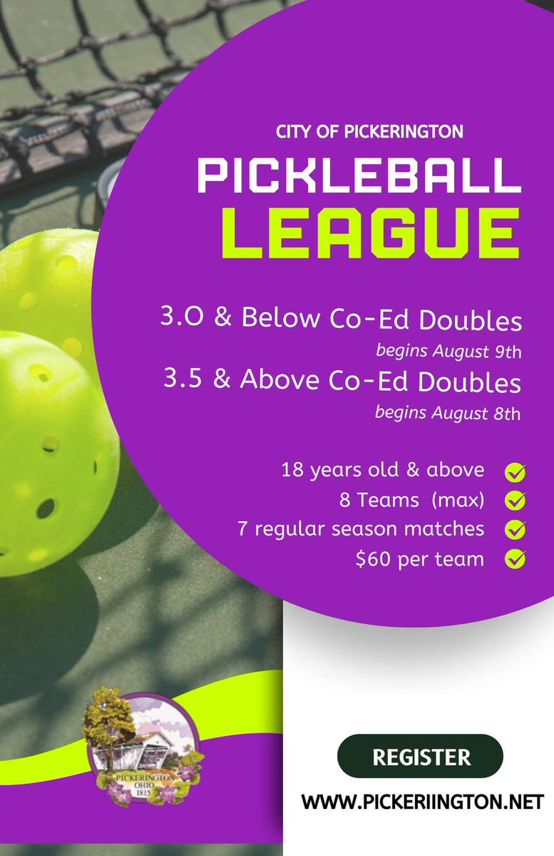 We've got a new Pickleball League coming up next month and we're looking for teams! Games will be played in the evenings and teams should register based on skill level. The deadline to sign up is August 3rd.

For more information:
ci.pickerington.oh.us/departments/pa…