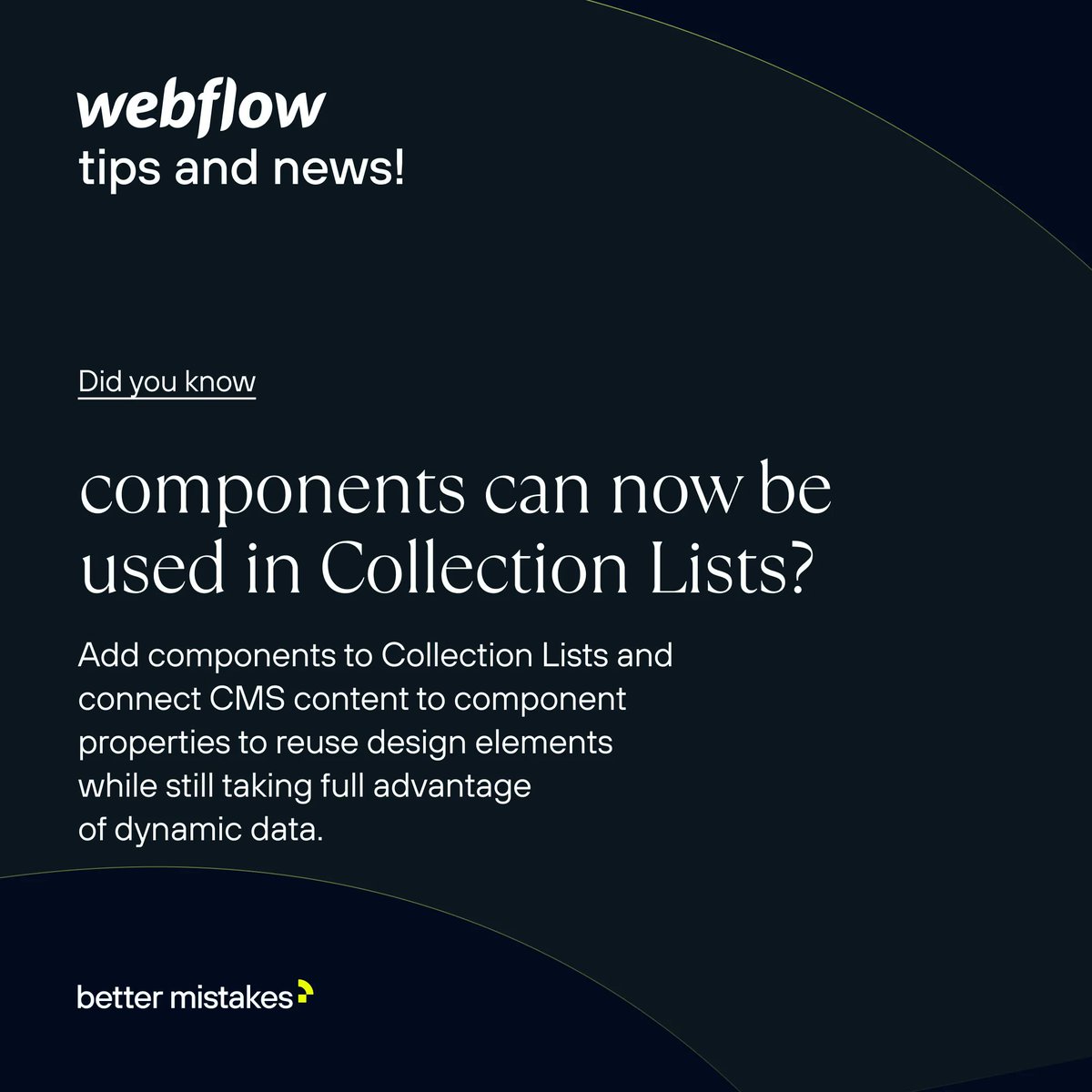 wemakebm's tweet image. Did you know components can now be used in Collection Lists?

#webflow #webflowdevelopment #webflownews #webflownews #webflowtipsandnews #bettermistakes