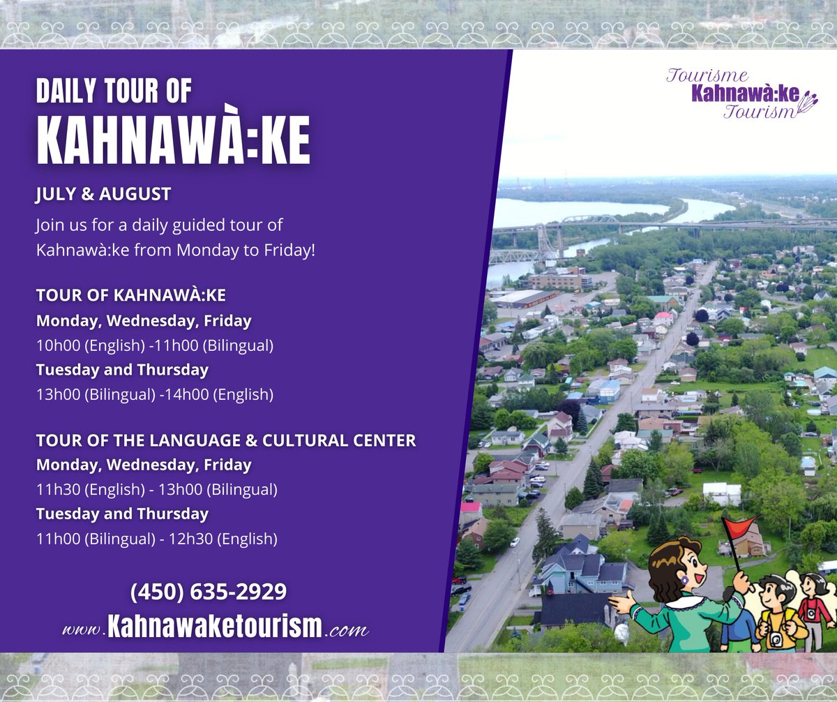 Daily Tour of Kahnawà:ke

Join us for a daily guided tour of Kahnawà:ke from Monday to Friday! 

Call (450) 635-2929 visit  kahnawaketourism.com to book