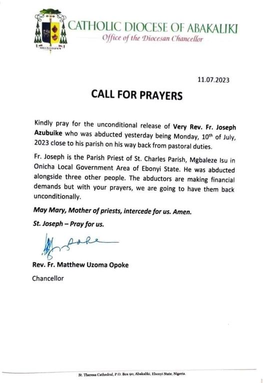 LectorsL's tweet image. Rev. Fr. Azubuike was abducted on Monday in Isu, Onicha Local Government Area of Ebonyi State close to his residence in the area while returning from pastoral duties.

Pray for Him and Others