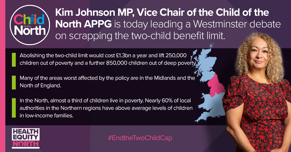 ChildoftheNort1's tweet photo. Great to hear @KimJohnsonMP leading the debate on why the two-child benefit cap must be scrapped. It affects 1.5m children and is pushing more children and families into poverty. #EndtheTwoChildCap https://t.co/BFCJ4tev3e