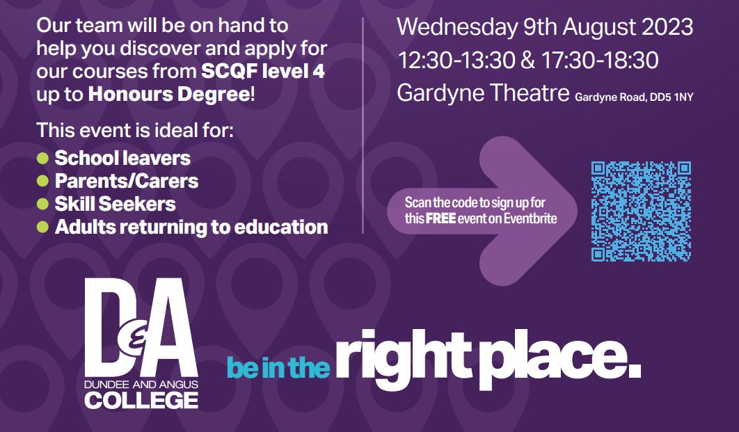 DAHeretoHelp's tweet image. Thinking about further education? Want to re-train or change your job? But don&apos;t know where to start come along to Gardyne Theatre, Gardyne Campus, DD5 1NY on
Wednesday 9th August 2023 12:30-13:30 &amp;amp; 17:30-18:30 👩‍🎓👨‍🎓
