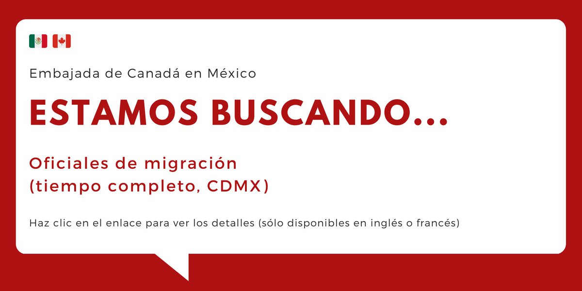 🚨 ¡ESTAMOS CONTRATANDO! 🚨

Buscamos 3️⃣ Oficiales de Migración. Consulta todos los detalles y aplica antes del 24 de julio.

EN: staffing-les.international.gc.ca/en/careers/mig…
FR: dotation-erp.international.gc.ca/fr/carrieres/a…