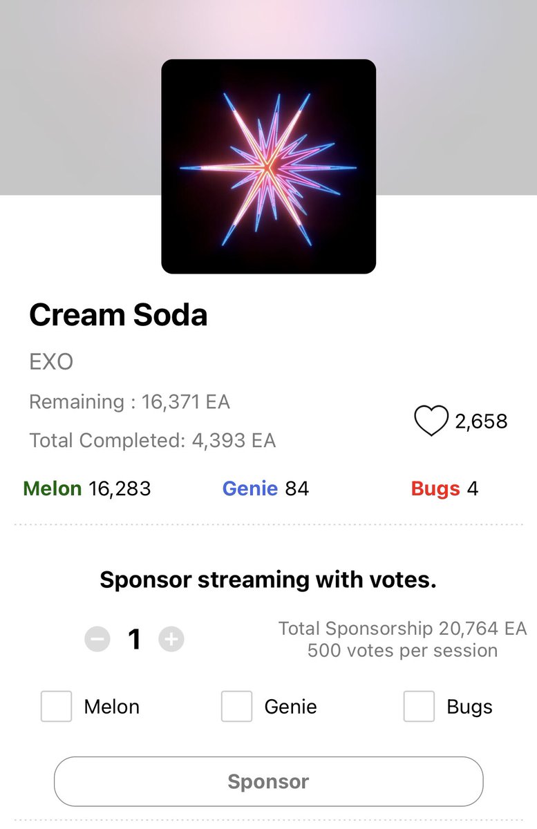 INCREDIBLY PROUD THAT WE REACHED 20K SPONSORSHIPS! 

You can now add sponsorships to genie and bugs as well. We are aiming for approximately 1000 to 2000 sponsorships under these platforms too! #EXO_CreamSoda