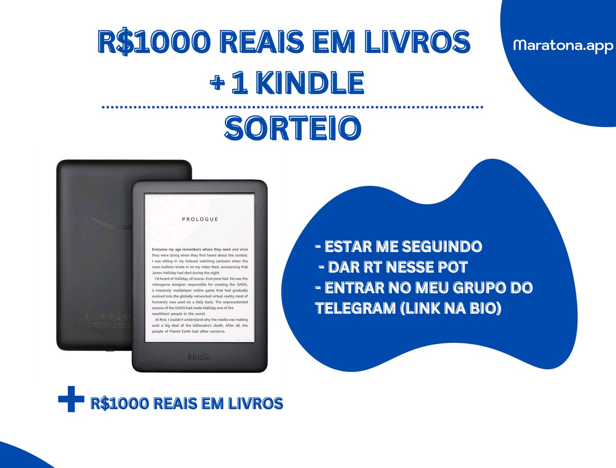 🚨Quer ganhar MIL REAIS EM LIVROS E UM KINDLE? É simples: - Estar me seguindo - Da RT nesse post - Entrar no meu grupo do telegram (link na bio) 🚨 Importante: O vencedor fará uma lista de livros que dão o valor de R$1000 reais e então eu farei o envio dos livros :) - resultado