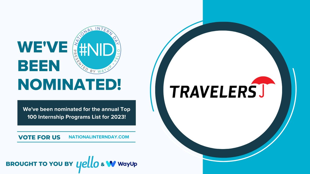 TRV_Careers's tweet photo. We’re excited to announce that Travelers has been nominated for the @wayup Top 100 Best Internship Programs List! This showcases employers who go above and beyond for their interns. Vote once a day through July 20. Vote here: https://t.co/EzCtJBAvUP #NationalInternDay #TRVintern https://t.co/nioXGtmgZy