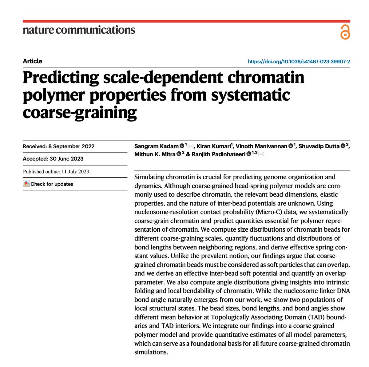 Ranjith Padinhateeri (@ranjithpa) on Twitter photo Our work is out in <a href="/NatureComms/">Nature Communications</a>. Read the paper if you want a quantitative description of chromatin polymer or plan to simulate chromatin. We answer some fundamental questions. Details below. @sangramjkadam <a href="/KiranKumari_/">Kiran K.</a> <a href="/vinoth46m/">Vinoth</a> <a href="/DuttaShuvadip/">Shuvadip Dutta</a> <a href="/mithunmittir/">mithunmittir</a> (1/10) Our work is out in <a href="/NatureComms/">Nature Communications</a>. Read the paper if you want a quantitative description of chromatin polymer or plan to simulate chromatin. We answer some fundamental questions. Details below. @sangramjkadam <a href="/KiranKumari_/">Kiran K.</a> <a href="/vinoth46m/">Vinoth</a> <a href="/DuttaShuvadip/">Shuvadip Dutta</a> <a href="/mithunmittir/">mithunmittir</a> (1/10)