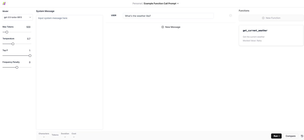 即刻出的Prompt调试工具，非常实用。
promptknit.com

1. 支持Chat和Text Completion两种模式

如Chat模式，支持Model设置：gpt-3.5-turbo、gpt-3.5-turbo-0613、gpt-3.5-turbo-16k，Max Tokens设置：50~4000，Temperature设置：0~2、Top P：0.1~1，Frequency Penalty：-2~2

2. 支持function