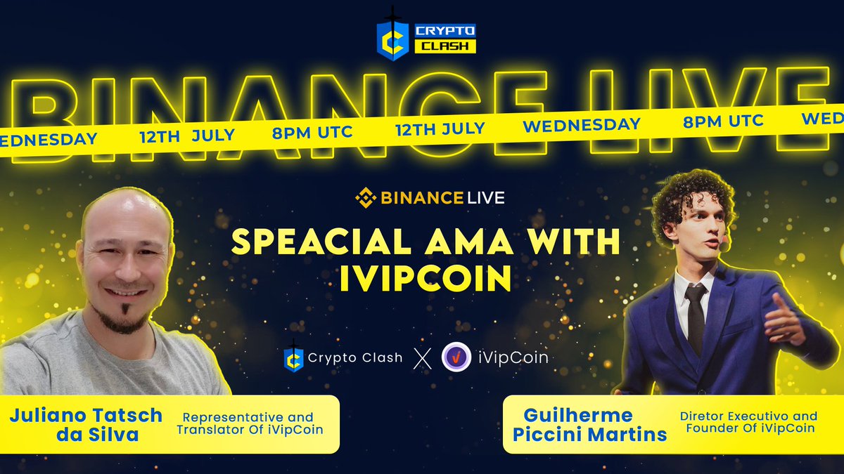 🎙Don't miss out on the opportunity to join us for an exclusive #BinanceLiveAMA with IvipCoin. 

◾️The crypto that is revolutionizing Brazil.

🕰 12th July, 8 PM UTC. 
💰 50$ USDT. 

🏛 Venue : binance.com/en/live/video?…

📌 Rules:
1️⃣ Follow 
@iVipCoin
2️⃣ Like & RT.