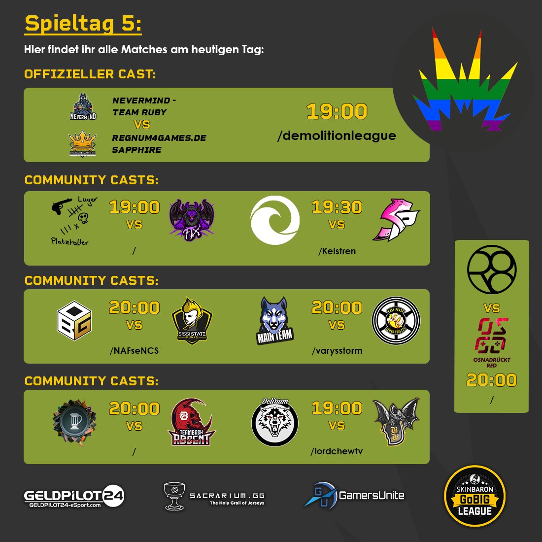 Woran merkt man das wir Rekord Hitze haben?
Viele Caster lassen den Stream lieber aus, um nicht in der Sauna zu casten.
Einige Casts gibt es dennoch: 

🏆 Spielklasse 2 B 
🆚 Nevermind - Team Ruby VS <a href="/regnum4games/">regnum4games</a> Sappghire
⏰ 19:00
🎙️ <a href="/Siintyx/">Siintyx</a> 
📺 twitch.tv/demolitionleag…

🏆