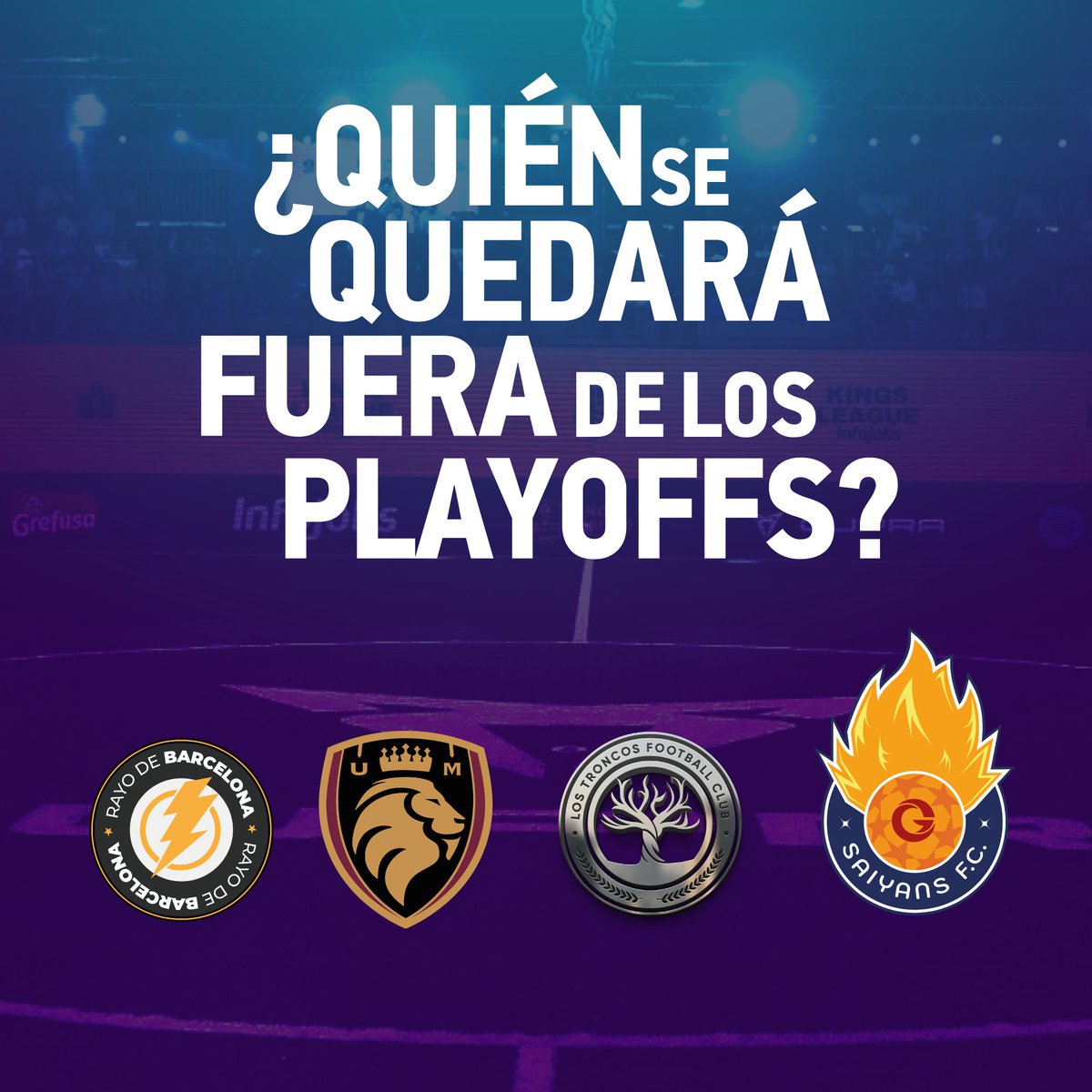 📣 Concurso ⛔ PLAYOFFS #KingsLeague 👑

🎁 Sorteo: 2 packs de 250 Créditos 💰

📌 Requisitos:
1️⃣ Síguenos 💛
2️⃣ Like + RT ⚽
3️⃣ Contesta ¿qué 2 equipos no se clasificarán?
#RayodeBarcelona
#UltimateMóstoles
#LosTroncos
#Saiyans
4️⃣ Pon el hashtag #KingsLeagueFantasyMARCA
⏰ 16/07
