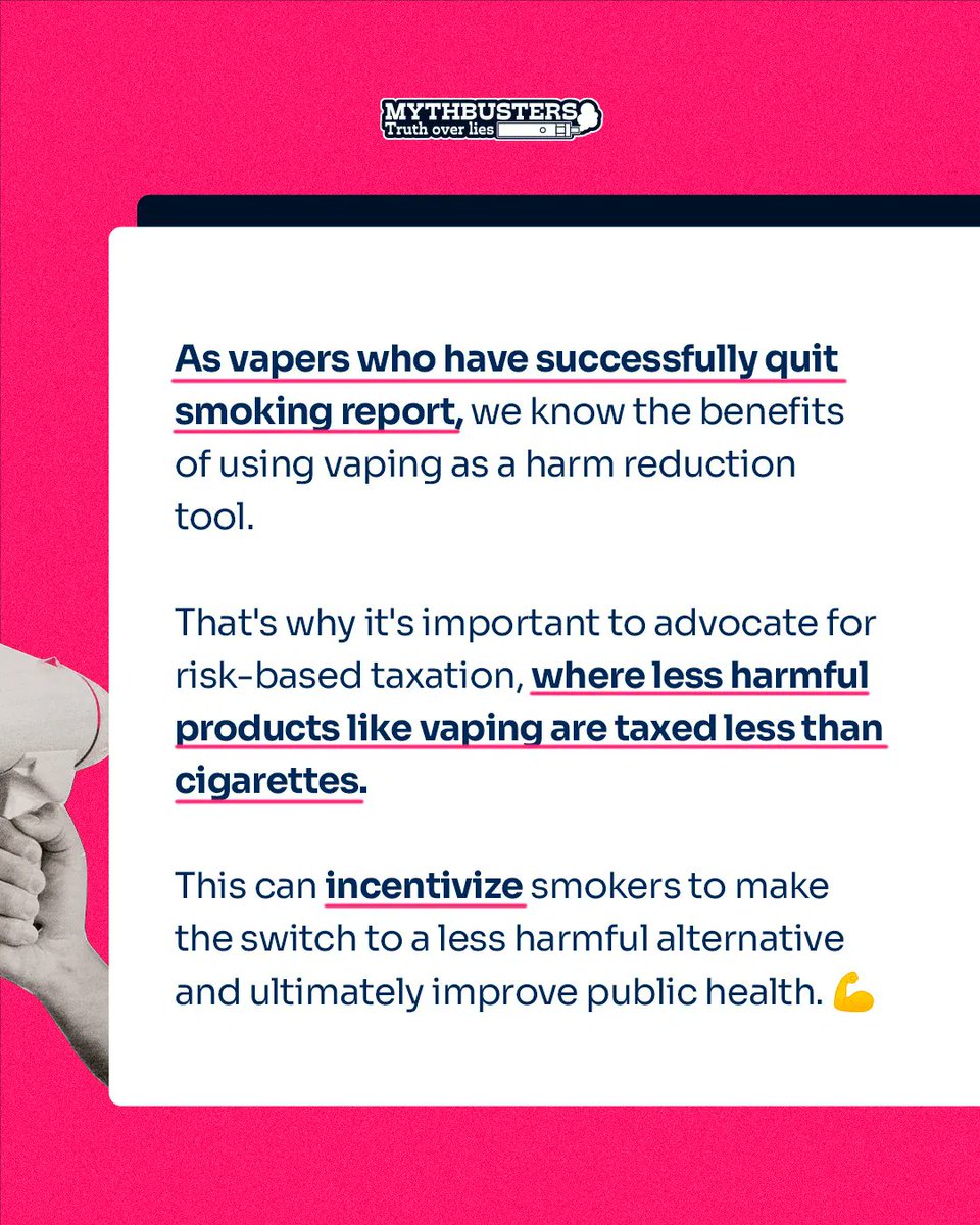 vapers_alliance's tweet photo. 🗣️That's why it's important to advocate for risk-based taxation, where less harmful products like vaping are taxed less than cigarettes!

Take a look: https://t.co/NR1p4dEoPI 

#MythBusters #TruthAboutVaping https://t.co/8ckD6MzXEk