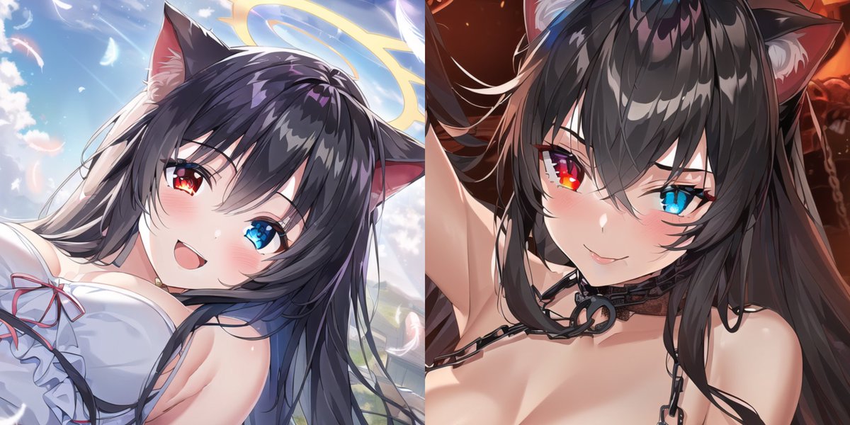 HeimiRemini_Ai's tweet photo. Angel or Devil-nya~? Hmm...
Both of this cat's conscience is telling me.. to continue liking and retweeting your great artworks-nya~! Nyahaha~!
#AIart #AIイラスト #catgirl #angel #devil #conscience #keepliking #keepRTing https://t.co/7cCaTDcWfc