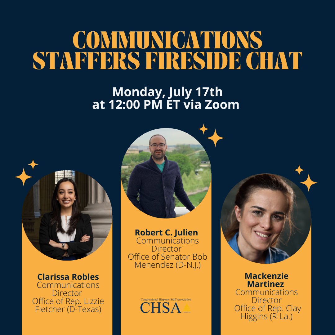 chsadc's tweet photo. Join us on Monday, July 17th at 12:00 PM ET for a virtual fireside chat with comms staffers working in Congress! Learn about their background, tips and tricks on how to succeed as a communications staffer, and how you can make the jump into a press role. RSVP via link in bio! https://t.co/8tHKCCipJN