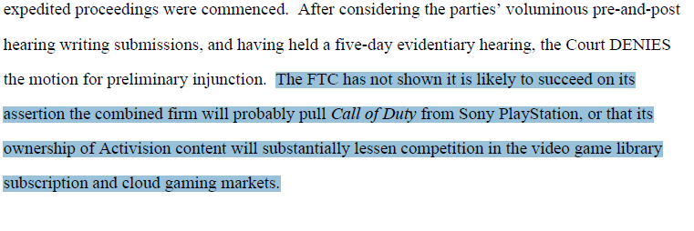 cecianasta's tweet image. From the decision: Judge is skeptical that Microsoft will pull Call of Duty from PlayStation or lessen competition should the Activision Blizzard acquisition finalize