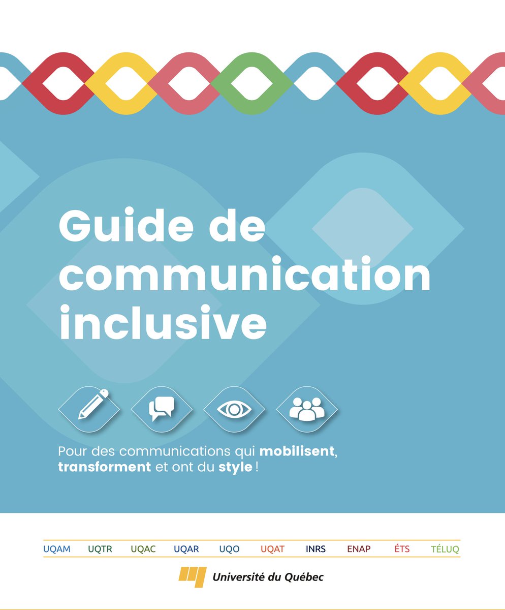 Guide de communication inclusive : Pour des communications qui mobilisent, transforment et ont du style!
reseau.uquebec.ca/fr/system/file…
Ce guide PDF est le résultat d’un effort collectif de la communauté de pratique en équité, diversité et inclusion (#EDI) de l’Université du Québec.