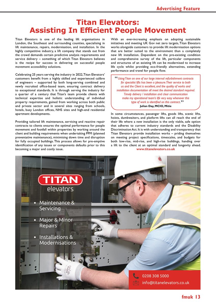 In the July issue of FMUK - Titan Elevators: Assisting In Efficient People Movement

Celebrating 25 years serving the industry in 2022, <a href="/TitanElevators/">Titan Elevators</a> is a #lift company specialising in #installation, #modernisation, #repairs, and #servicing.

➡️fmuk-online.co.uk/features/3821
#facman