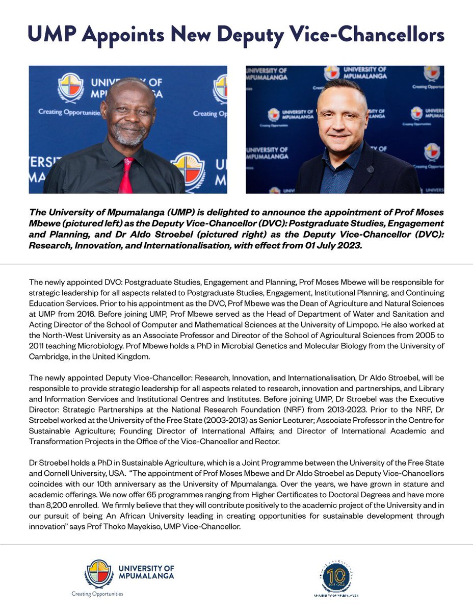 UniMpumalanga's tweet photo. UMP appoints Prof Moses Mbewe as the Deputy Vice-Chancellor (DVC): Postgraduate Studies, Engagement and Planning, and Dr Aldo Stroebel as the Deputy Vice-Chancellor (DVC): Research, Innovation, and Internationalisation. https://t.co/0zsL7UJRMk