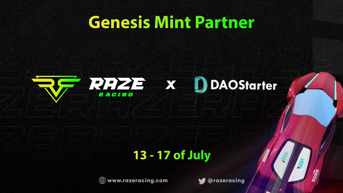 🏎Raze Racing x DAO Starter🌟

🎉We're thrilled to announce our Genesis Mint Partnership with DAO Starter

⏳ Mark your calendars from July 13th to 17th and get your wallets ready

🔗 Click the link below to participate⬇️
daostarter.pro/#/DAOStarter/i…

#nft #gamefi