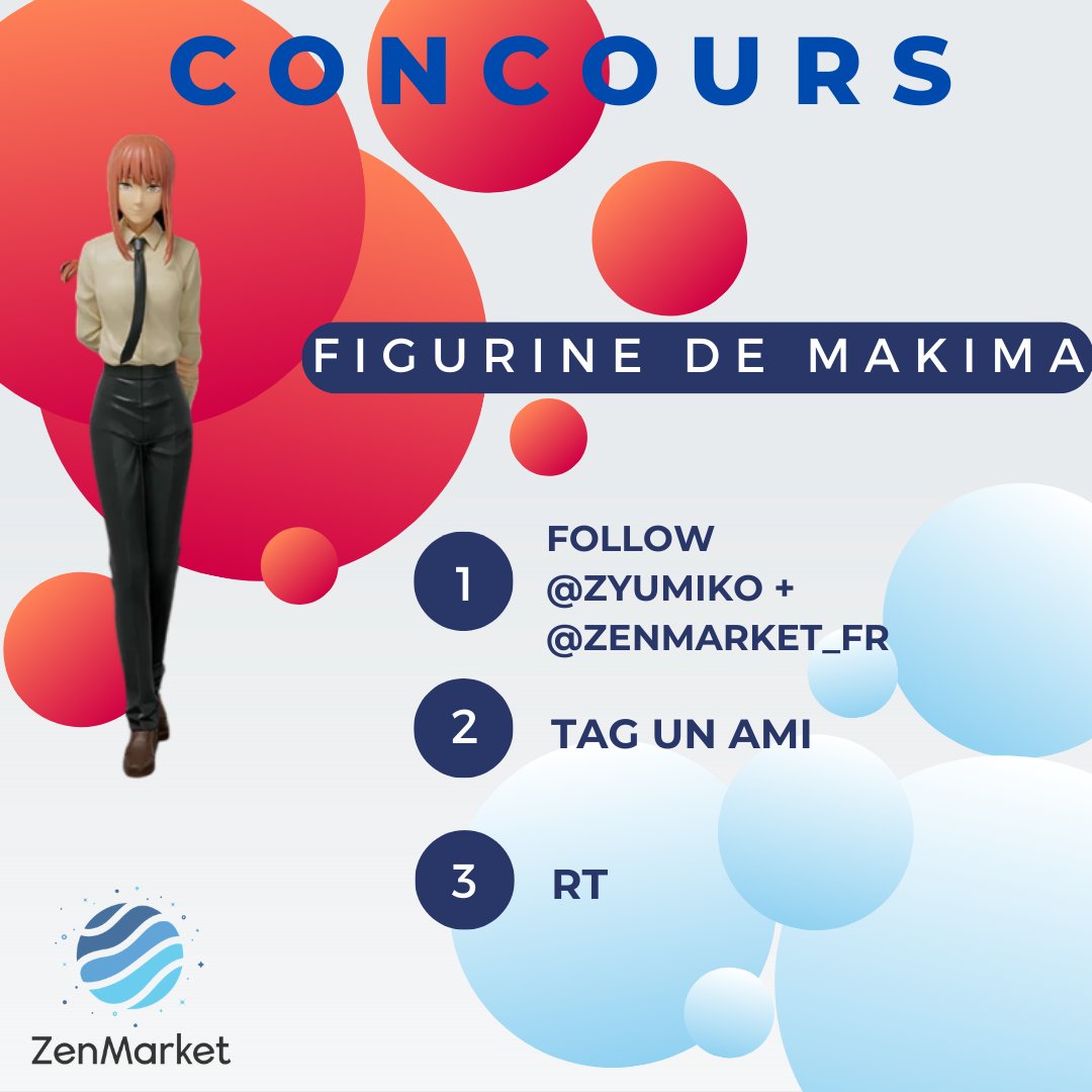 🎀 CONCOURS ! 🎀

Avec <a href="/zenmarket_fr/">ZenMarket France</a> nous vous faisons gagner une figurine de Makima ! 

Merci à vous d'être présent,ça me fait super plaisir ! ✨

Pour participer ;
- follow <a href="/zyumiiko/">nana</a>+ <a href="/zenmarket_fr/">ZenMarket France</a> 
- tag 1 ami(e) 🧍
- RT 🔁
 
TAS le 18/07
bonne chance !!