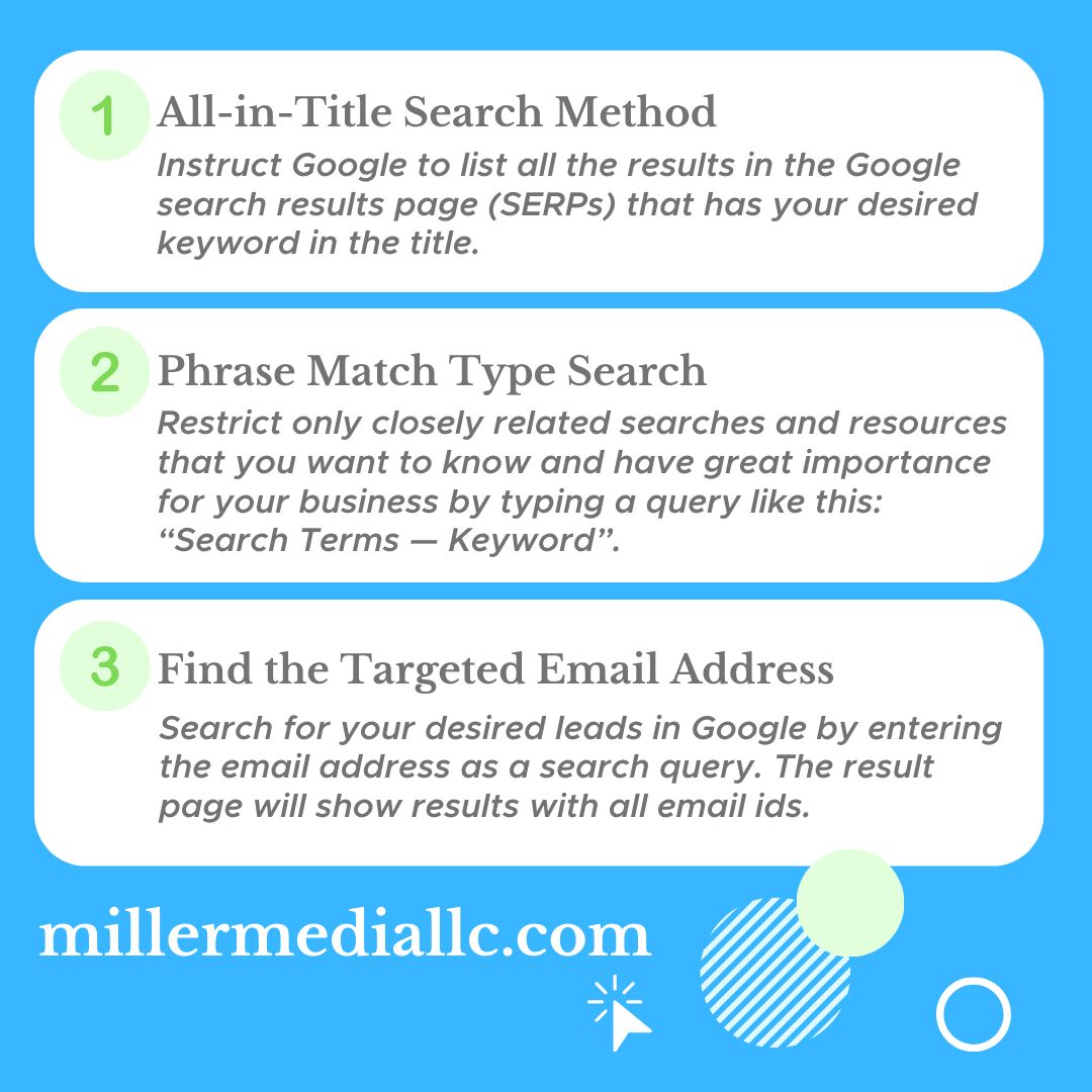 MillerMediaWeb's tweet image. 5 #GoogleTips for Better #SEO 

1. All-in-Title Search Method 
2. Phrase Match Type Search 
3. Targeted Email Address 
4. Scan Top Sites Results for Link Building 
5. Find a Page that Links to Another Page 

#seoservices #businesstips #digitalmarketingservices #seoforbusiness