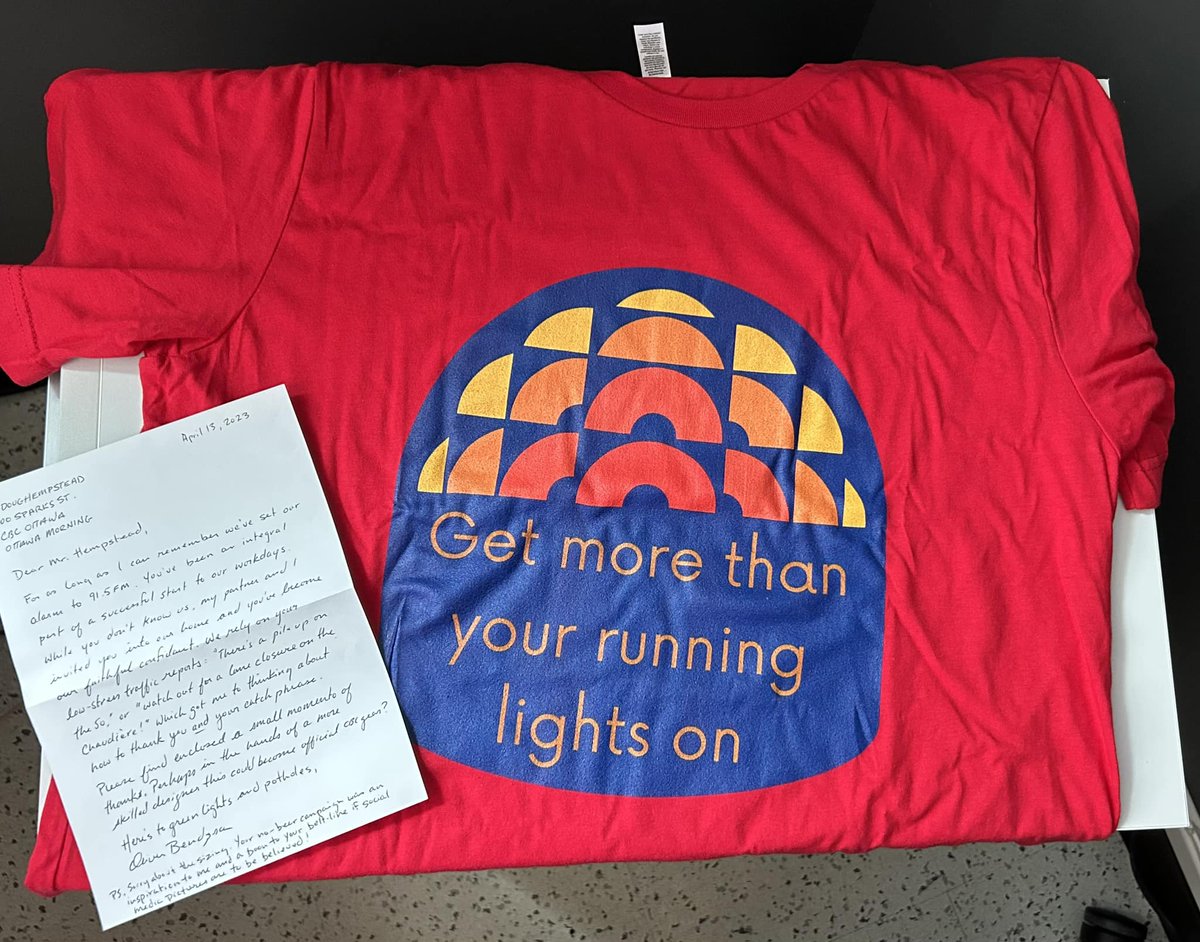 This made my day. A very sweet, complimentary, handwritten letter from a @OttawaMorning listener who even had a shirt MADE for me, based on one of my many preachy scoldings. Thank you @OliverBendzsa (if this is you!) @HallieCBC