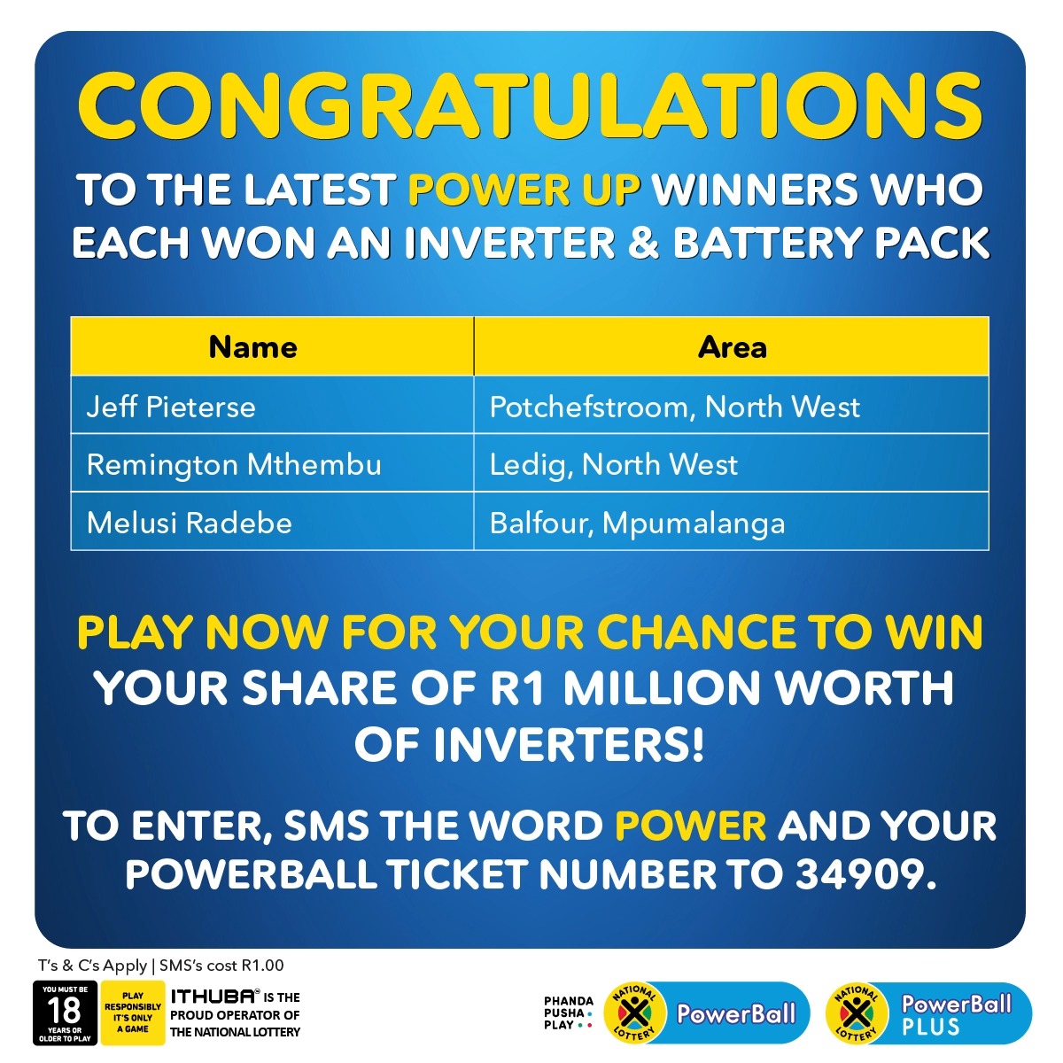 Congratulations to the 3 latest #PowerUp winners who each won an inverter & battery pack. PLAY NOW & you could also win your share of R1 MILLION worth of inverters. SMS the word POWER and your PowerBall ticket number to 34909. #PhandaPushaPlay https://t.co/kX5Mpp0nq6