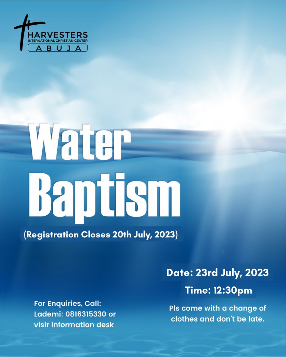 Harvestersabj's tweet photo. Good news!!!
Registration for this month’s Water Baptism is now open!
Water Baptism is a spiritual step that every Christian has to take, Jesus Himself set this example for us.
Don’t let this one pass by you🧏♀️
#WaterBaptism #ChristainStep #Jesus #Harvesters #ChangingLive https://t.co/xLfgdQ7EvS