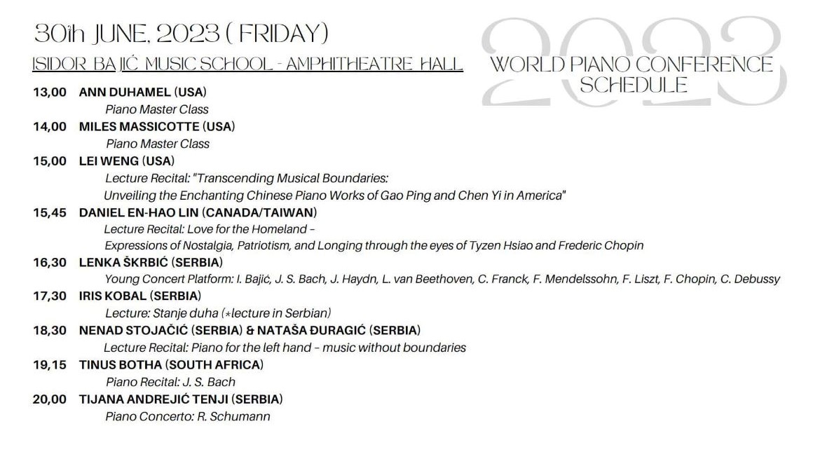 Prof Tinus Botha attended the 2023 World Piano Conference in Novi Sad, Serbia which takes place annually between the 27th of June and the 3rd of July. As part of the event, he gave a solo recital consisting of a selection from Bach's Well Tempered Clavier, Book 1.