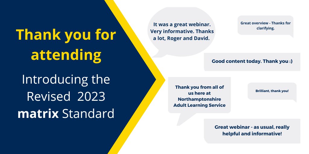matrix_Standard's tweet photo. Thank you to everyone who attended our third webinar on our events series: The Introduction the Revised 2023 matrix Standard. We delighted to have received such positive responses so far and hope you all enjoyed and found the session useful. https://t.co/yvUy2xUavE