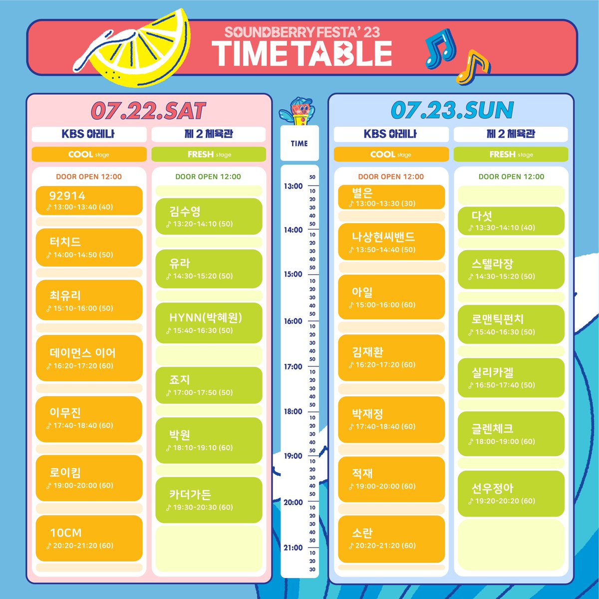 [Soundberry Festa’ 23 타임테이블 공개]

많은 분들이 기다리셨던 Soundberry Festa’ 23 타임테이블을 공개합니다! 🍭🩵

청량 가득한 음악이 모여있는 이곳,
사운드베리 페스타에서 만나요! 

*리그램 이벤트는 인스타그램에서만 진행됩니다.