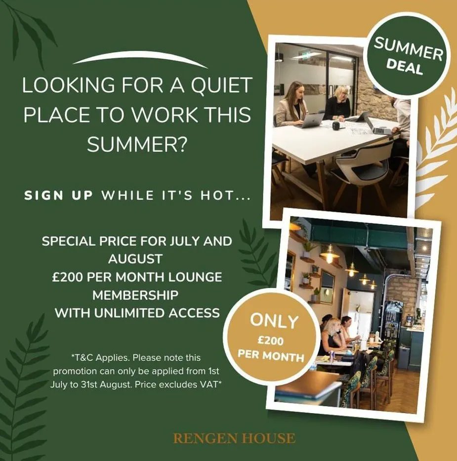 Total Guide to Bath (@totalbath) on Twitter photo Looking for a quiet place to crack on with your work this #summer? 💻
Sign up to <a href="/Rengenhouse/">Rengen House</a>'s special membership and take advantage of this superb offer - unlimited access for £200 per month!
More about Rengen House: bit.ly/3pJiZk6 Looking for a quiet place to crack on with your work this #summer? 💻
Sign up to <a href="/Rengenhouse/">Rengen House</a>'s special membership and take advantage of this superb offer - unlimited access for £200 per month!
More about Rengen House: bit.ly/3pJiZk6