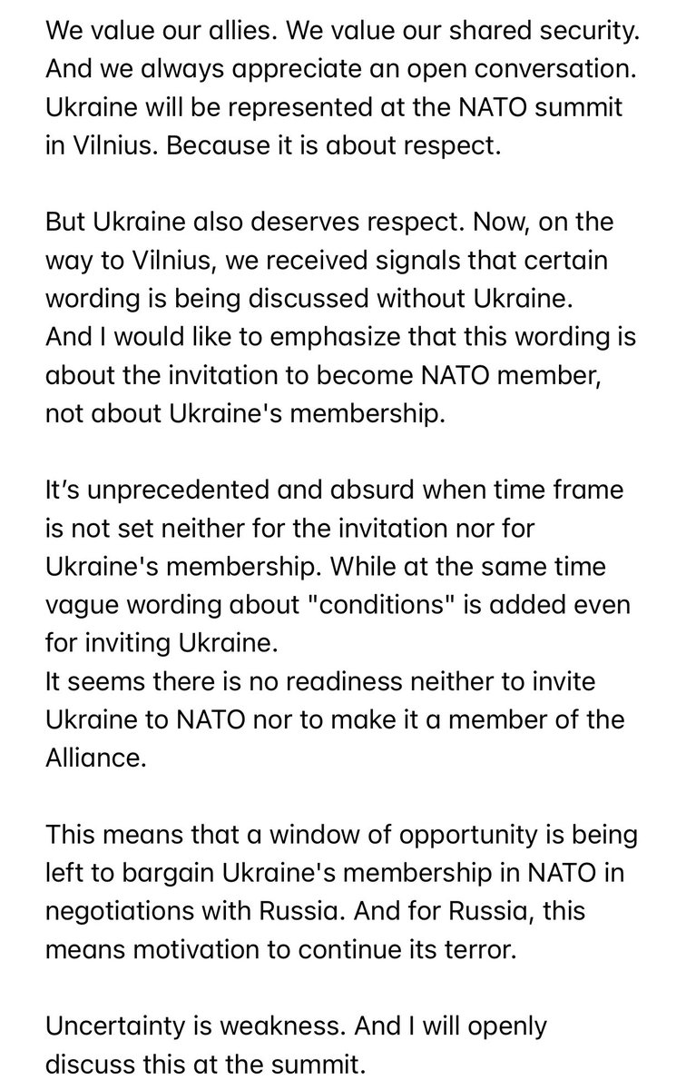 President of Ukraine @ZelenskyyUa is rightfully angry over the kindergarten in Vilnius, called #NATOSummit, while we, Ukrainians, are defending all of them with our lives... Enough politicking on our blood, f*****ng Biden! Give us everything we need to win!!! NOW!
