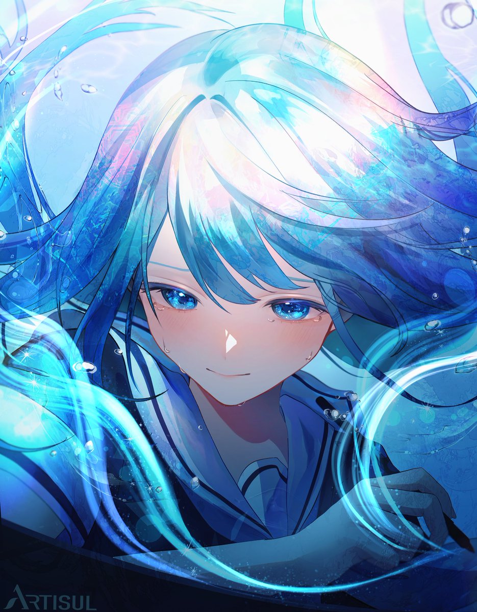 1girl solo blue eyes blue hair long hair smile looking at viewer  illustration images