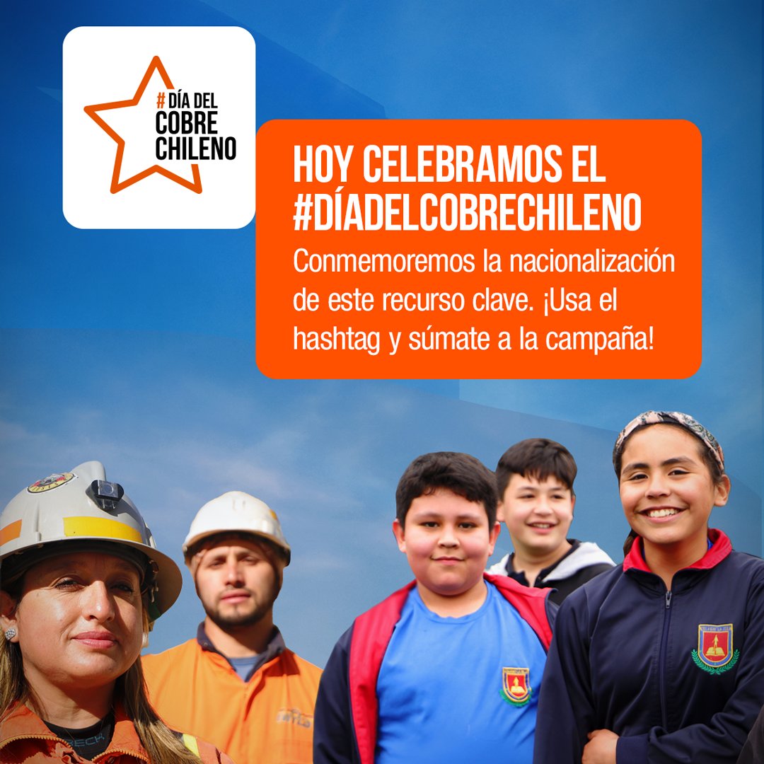 CodelcoChile's tweet photo. En el #DíaDelCobreChileno conmemoramos la nacionalización de un mineral clave para las energías limpias y la lucha contra el cambio climático. ¡Súmate a la campaña y celebremos! Utiliza el hashtag y sé parte de este homenaje para los(as) chilenos(as) en https://t.co/CBJy5F5l3Z. https://t.co/lwWWtrgpfA