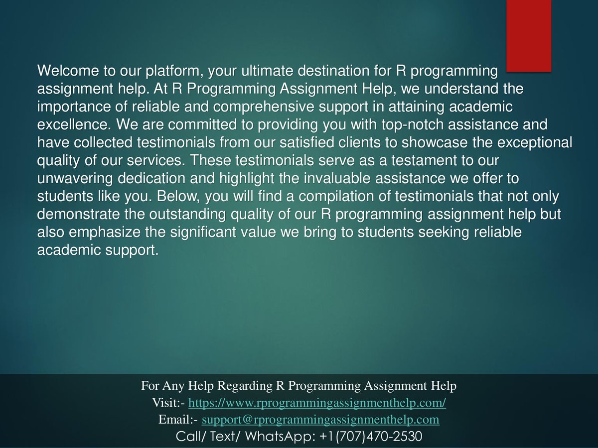 RProgramminghlp's tweet image. You've landed at the perfect destination! Our website, rprogrammingassignmenthelp.com, has garnered a remarkable number of favorable feedback from contented students on well-known platforms like Site Jabber, Mouthshut, and Facebook.
#rprogrammingassignment #rprogramming #assignments
