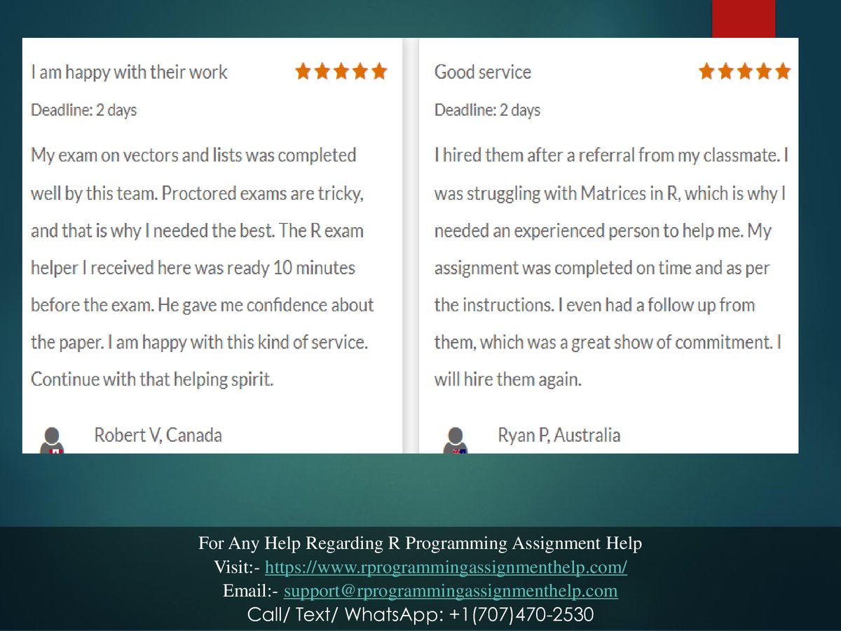 RProgramminghlp's tweet image. You've landed at the perfect destination! Our website, rprogrammingassignmenthelp.com, has garnered a remarkable number of favorable feedback from contented students on well-known platforms like Site Jabber, Mouthshut, and Facebook.
#rprogrammingassignment #rprogramming #assignments
