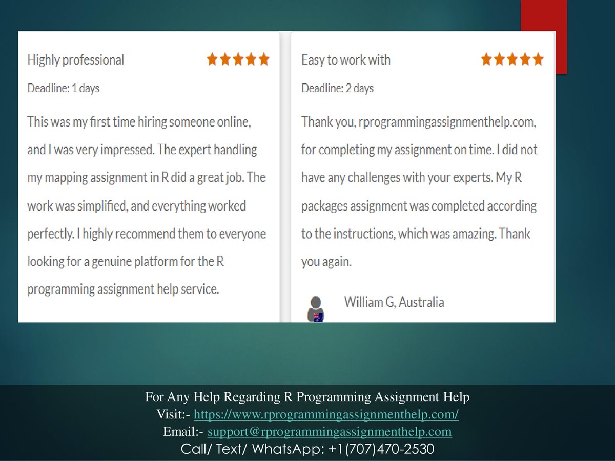 RProgramminghlp's tweet image. You've landed at the perfect destination! Our website, rprogrammingassignmenthelp.com, has garnered a remarkable number of favorable feedback from contented students on well-known platforms like Site Jabber, Mouthshut, and Facebook.
#rprogrammingassignment #rprogramming #assignments