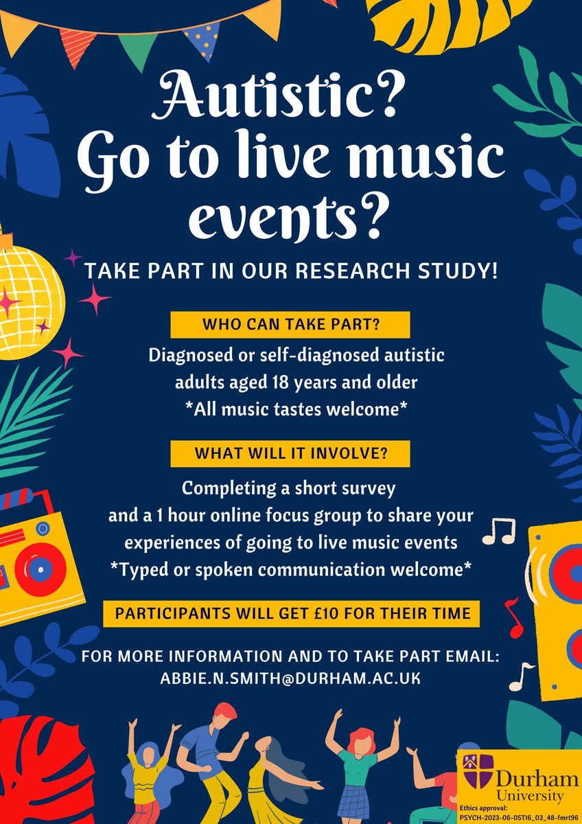 ✨New research study✨ we want to understand autistic people's experiences of attending live music events/venues! If you are an autistic adult (aged 18 years+) and would like to take part - please email abbie.n.smith@durham.ac.uk