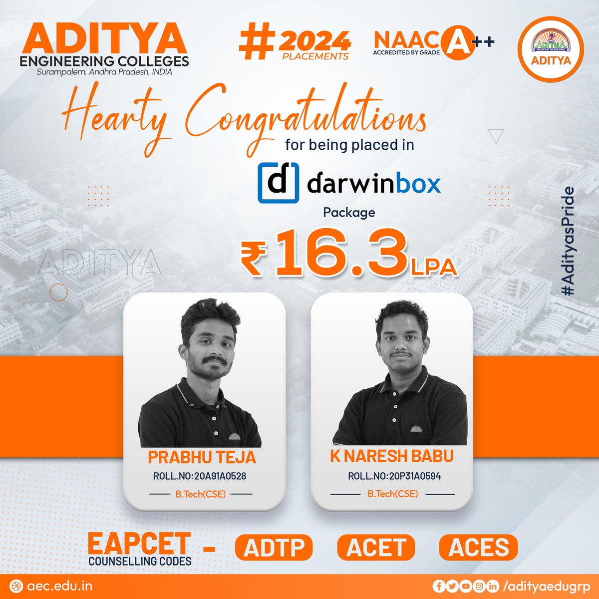 adityauniv's tweet image. Congratulations...🎉🎊
PrabhuTeja &amp;amp; NareshBabu for being placed in darwinbox with CTC of 16.3LPA.
#AdityasPride #darwinbox #2024Placements
#FrontRunnerIn2024Placements
#AchieveWithAditya #RisingToNewHorizon