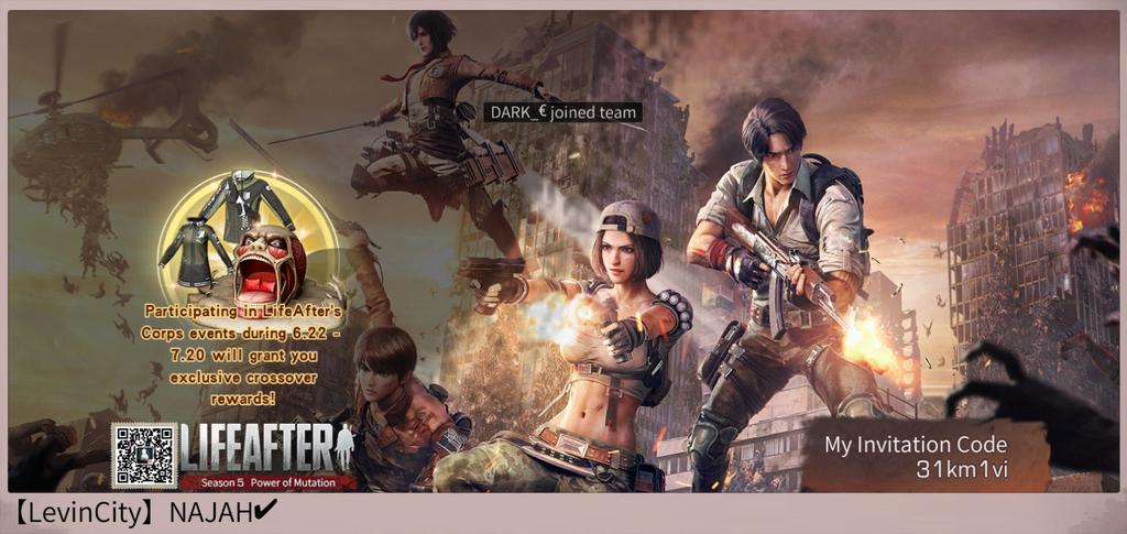 NaxNon's tweet photo. #LifeAfter x Attack on Titan The LifeAfter x Attack on Titan crossover event is now available! Participate in the game to obtain exclusive crossover rewards! Participate in the Corps Mode and use my Calling Code, [31km1vi]. https://t.co/9u1IZNcj37
